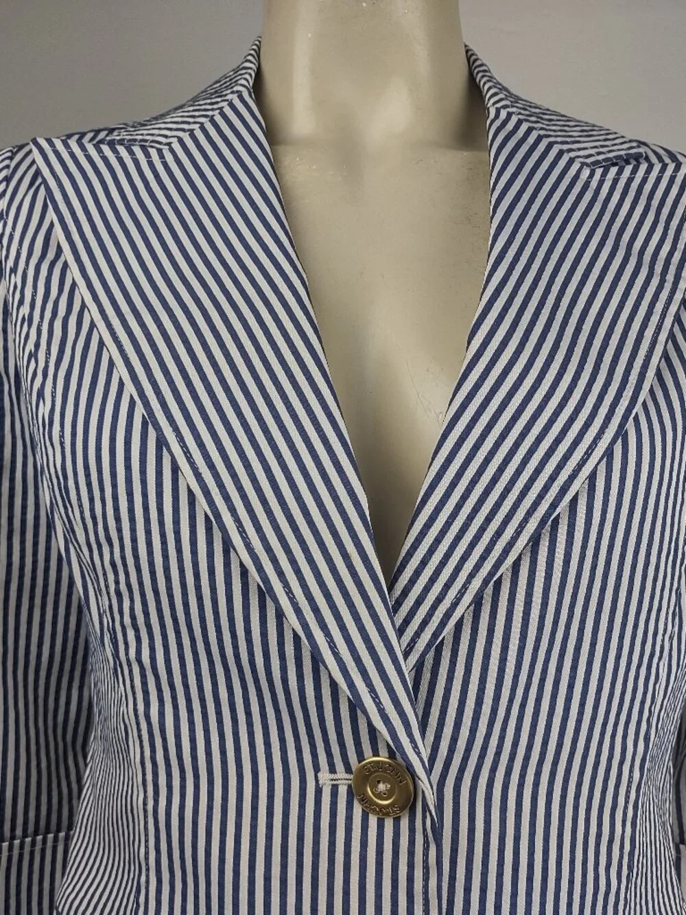 St. John blue white striped tabbed sleeve button front blazer jacket womens 4 - Picture 2 of 10
